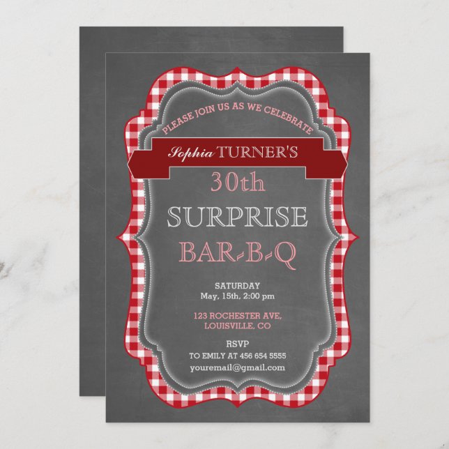 Rustic Chalk En vichy Surprise Invitation BBQ Anni (Devant / Derrière)