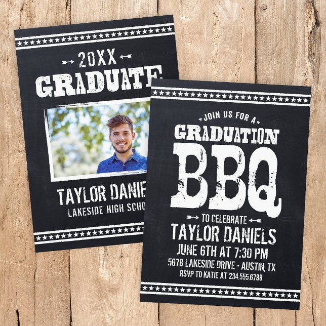 Rustic Chalkboard Graduation Photo BBQ Invitation (Créateur téléchargé)