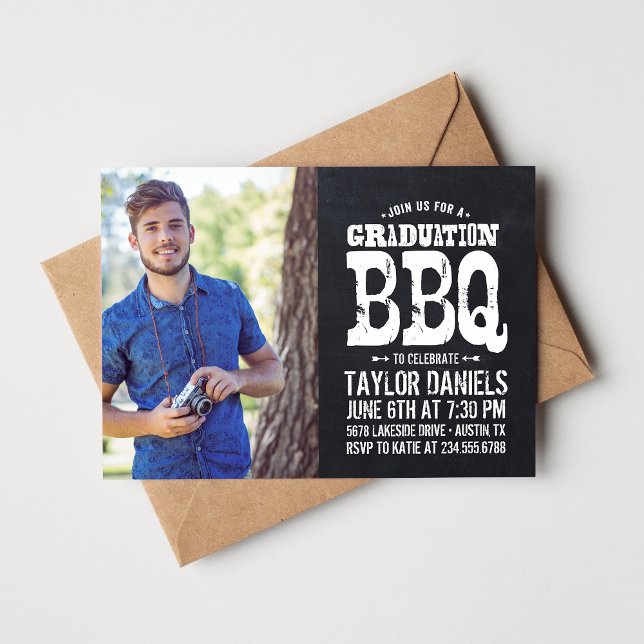 Rustic Chalkboard Graduation Photo BBQ Invitation (Créateur téléchargé)