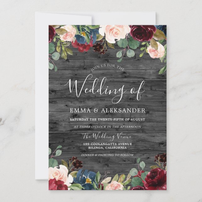 Rustic Charcoal Bois Bourgogne Mariage Invitation (Devant)
