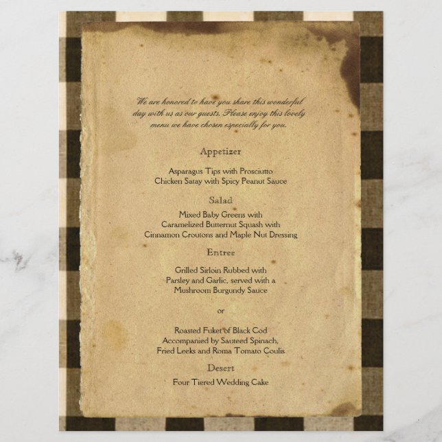 Rustic Country Black Sepia Checks Menu Mariage (Devant)