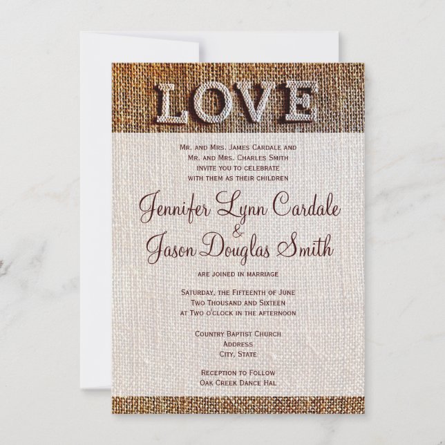 Rustic Country Burlap AMOUR Mariage Invitations (Devant)