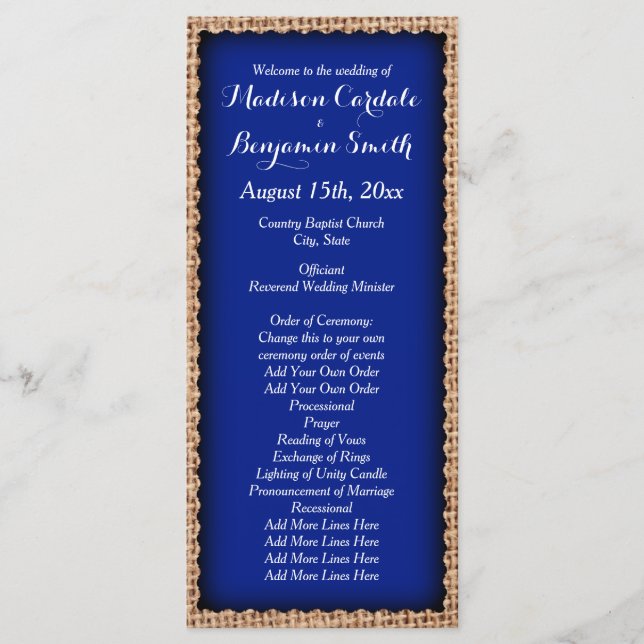 Rustic Country Burlap Blue Wedding Programmes (Devant)