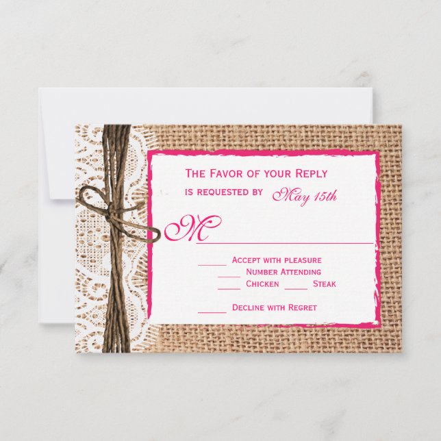 Rustic Country Burlap dentelle rose mariage Cartes (Devant)