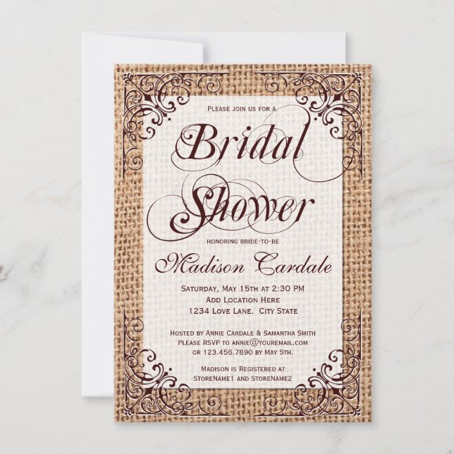 Rustic Country Burlap Invitations de douche nuptia (Devant)