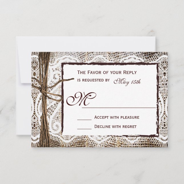 Rustic Country Burlap Lace Twine Wedding RSVP (Devant)