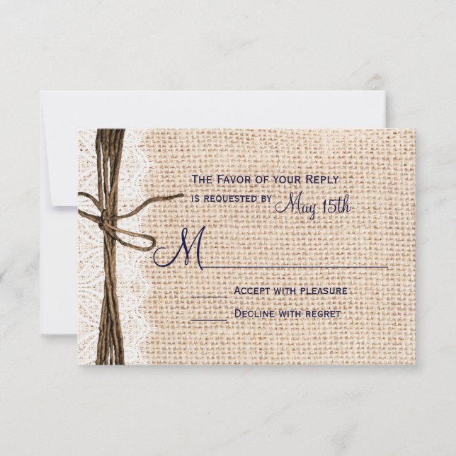 Rustic Country Burlap Lace Twine Wedding RSVP Navy (Devant)