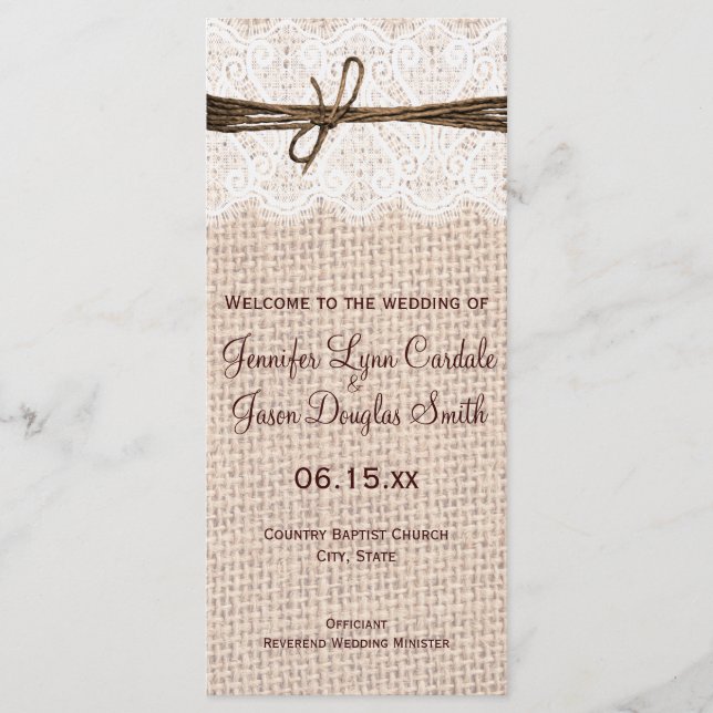 Rustic Country Burlap Lace Twine Wedine Programme (Devant)