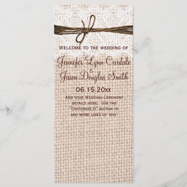 Rustic Country Burlap Lace Twine Wedine Programme (Devant)