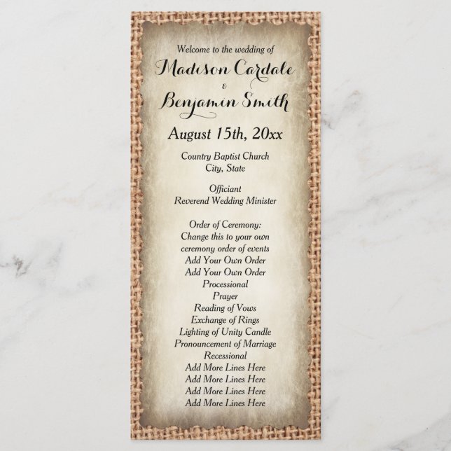 Rustic Country Burlap Programmes de mariage vintag (Devant)