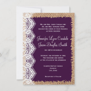 Rustic Country Burlap Purple Wedple Invitations