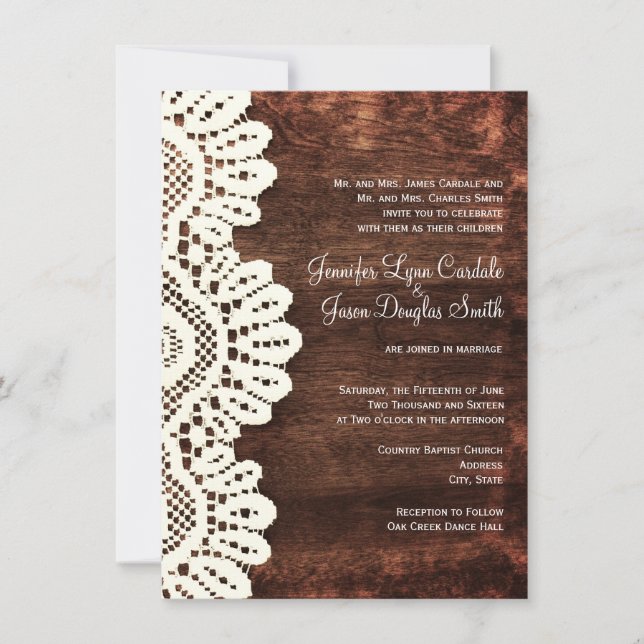 Rustic Country Dentelle en bois Invitations de mar (Devant)