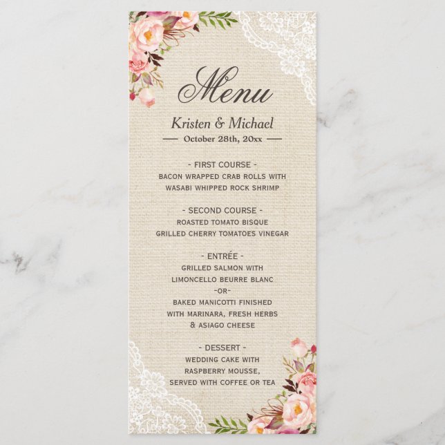 Rustic Country Floral Lace Burlap Menu Mariage (Devant)