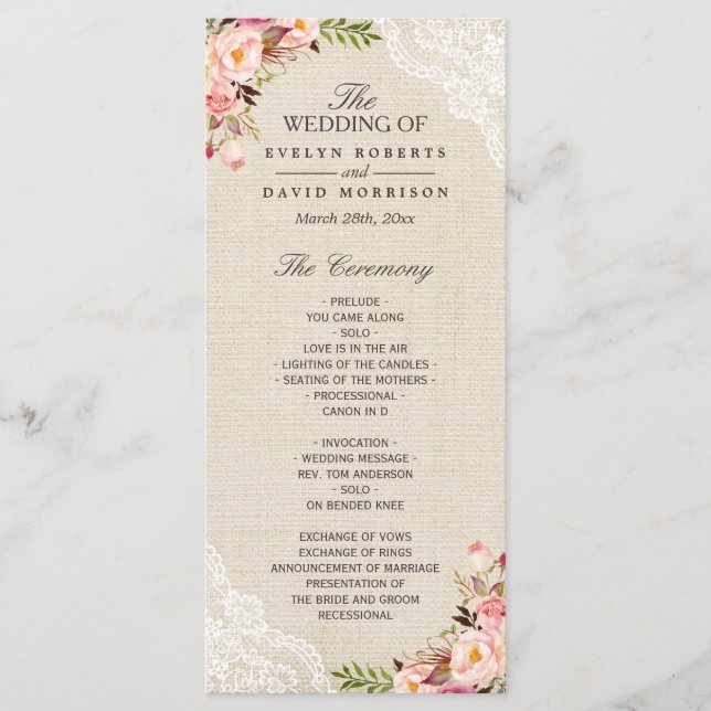 Rustic Country Floral Lace Burlap Programme de mar (Devant)