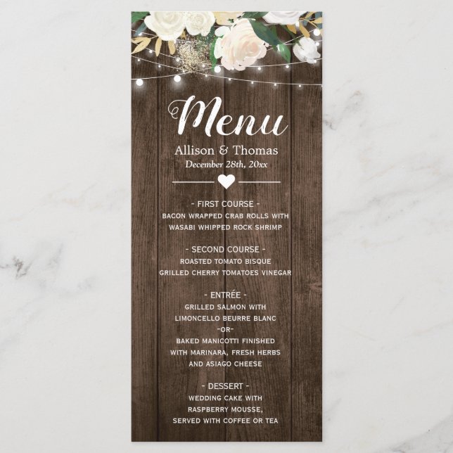 Rustic Country Floral String Lights Menu Mariage (Devant)