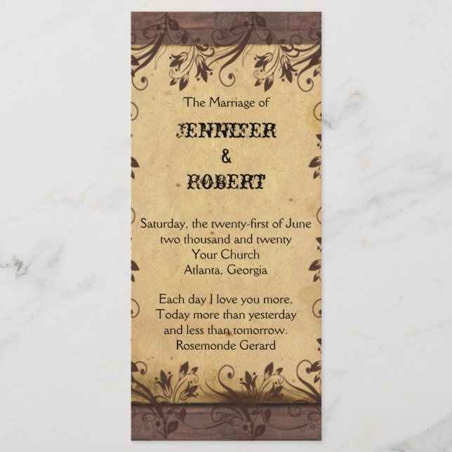 Rustic Country Grange Programme de mariage en bois (Devant)