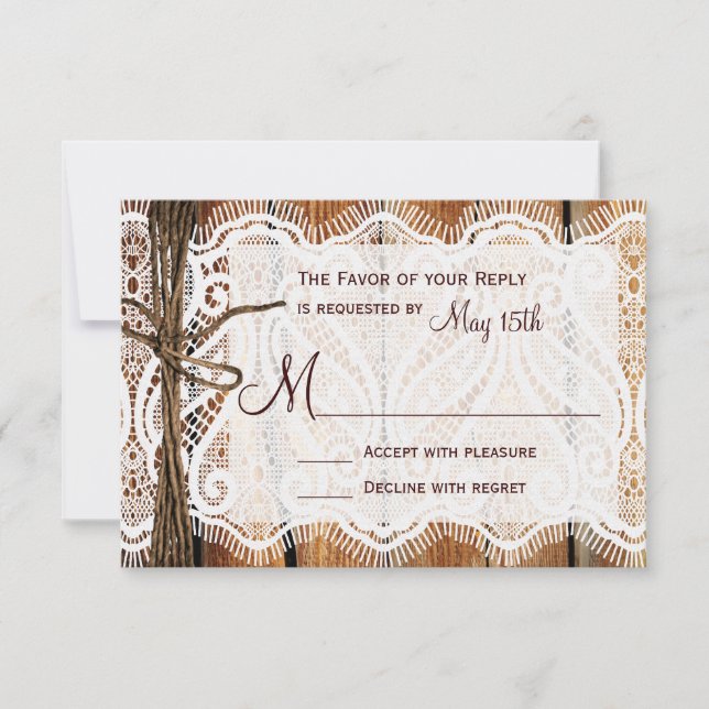 Rustic Country Lace Twine Wood Wedding RSVP (Devant)