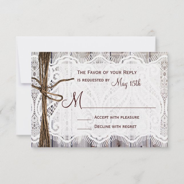 Rustic Country Lace Twine Wood Wedding RSVP (Devant)