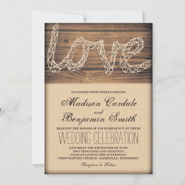 Rustic Country Love String Art Wedding Invitations (Devant)