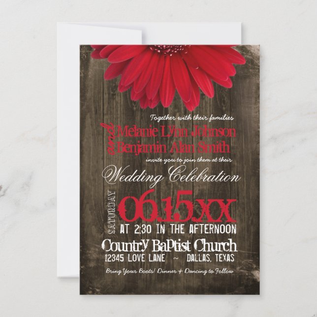 Rustic Country Red Daisy Wood Wedding Invitations (Devant)
