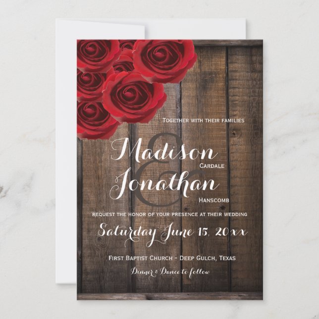 Rustic Country Red Roses Wood Wedding Invitations (Devant)