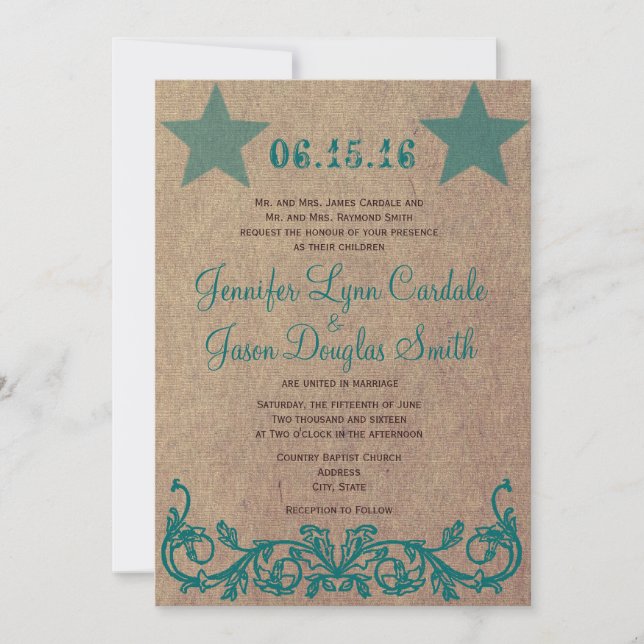Rustic Country Star Invitations de mariage Turquoi (Devant)