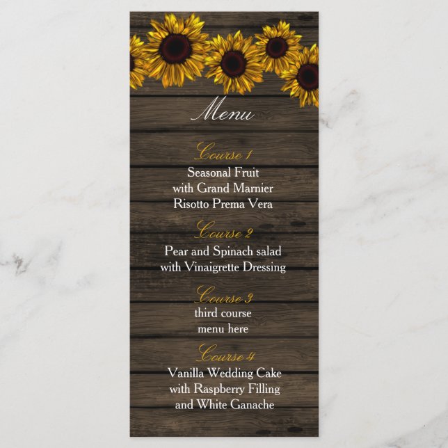 Rustic Country Sunflowers Grange Wood menu Mariage (Devant)