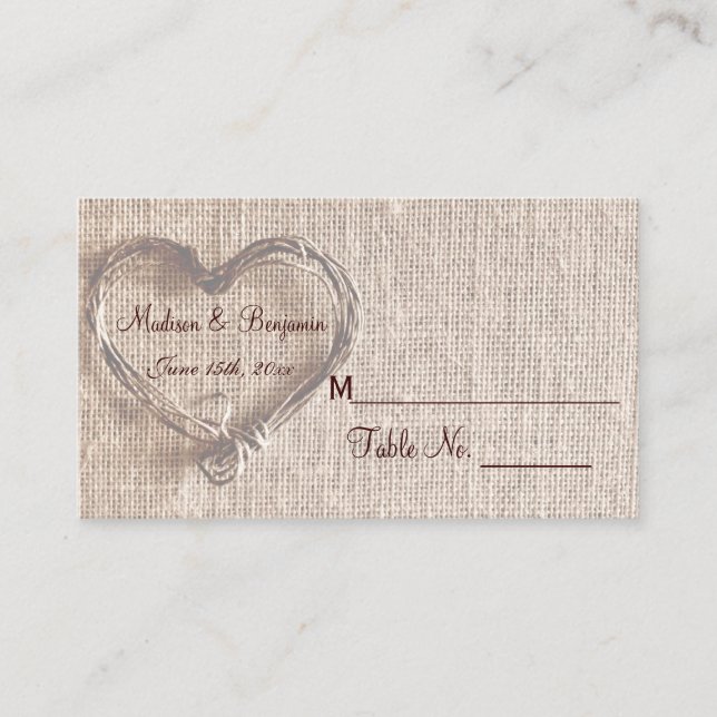 Rustic Country Twine Heart Mariage Cartes de Place (Devant)