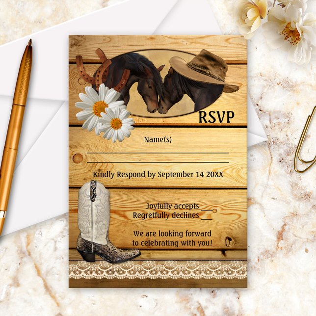 Rustic Country Western Hors Carte RSVP (Rustic wedding RSVP card featuring two romantic horses with a hat, cowboy boot, daisies and lace)