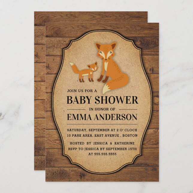 Rustic Country Wood Fox Baby shower Invitation (Devant / Derrière)