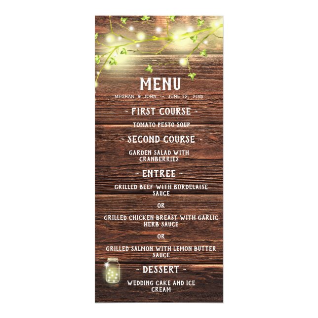 Rustic Country Wood Mason Jar Lights Menu Mariage (Devant)
