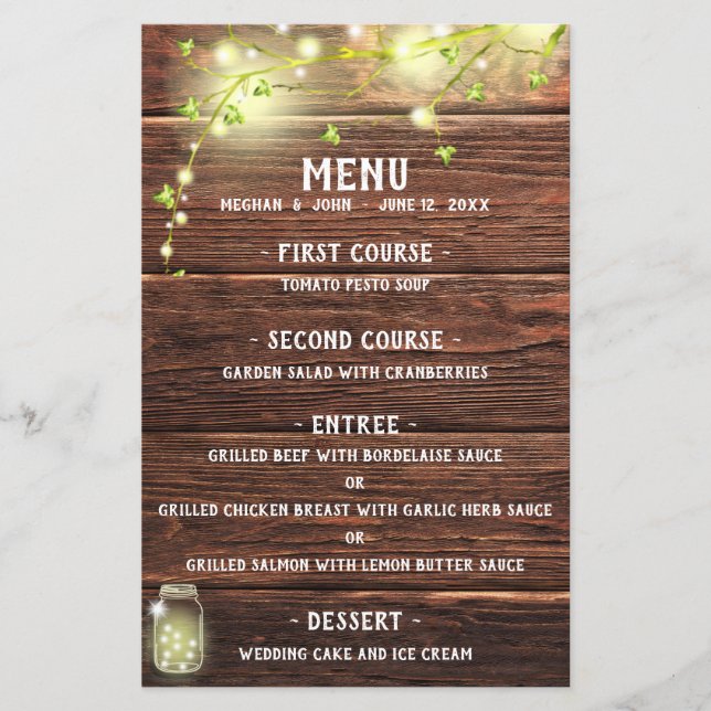 Rustic Country Wood Mason Jar Lights Menu Mariage (Devant)