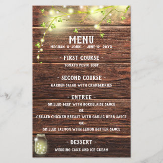 Rustic Country Wood Mason Jar Lights Menu Mariage