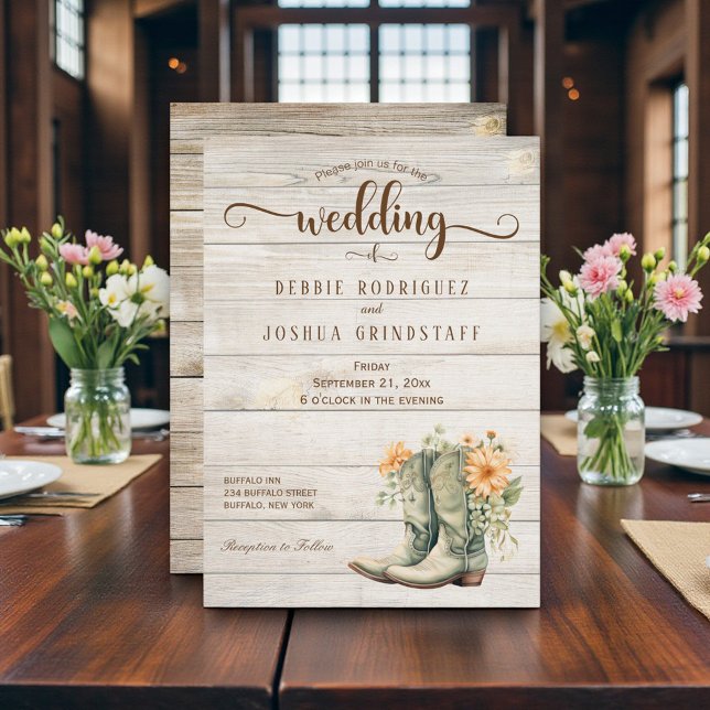 Rustic Cowboy Boots on Wood Wedding Invitation (Créateur téléchargé)