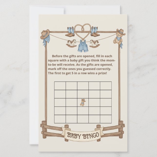 Rustic Cowboy Cadeau Bingo baby shower jeu (Devant)