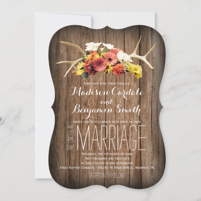 Rustic Deer Antlers Daisy Wood Wedding Invitations (Devant)