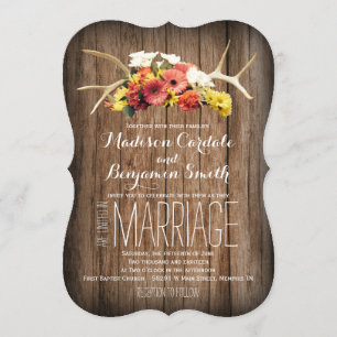 Rustic Deer Antlers Daisy Wood Wedding Invitations