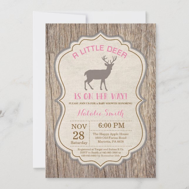 Rustic Deer Baby shower Invitation Girl (Devant)