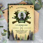 Rustic Deer Hunting 1st Birthday Party Invitation<br><div class="desc">Éblouissez vos invités avec cette invitation de fête d'anniversaire à thème de chasse cool avec typographie accrocheuse contre un arrière - plan parchemin vintage. Ajoutez simplement les détails de votre événement sur ce modèle facile à utiliser pour en faire une invitation unique. Retournez la carte pour révéler un motif de...</div>