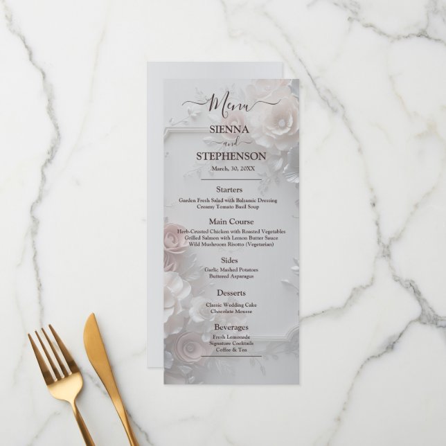 Rustic Elegant 3D Floral menu Mariage (Devant/Arrière en situation)