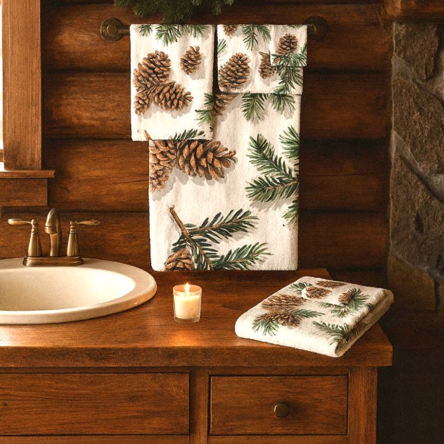 Rustic Evergreen Forest  (Cozy cabin evergreen and pinecone bathroom towels. Buy set or separates. )