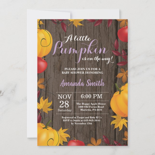 Rustic Fall Citrouille Girl Baby shower invitation (Devant)