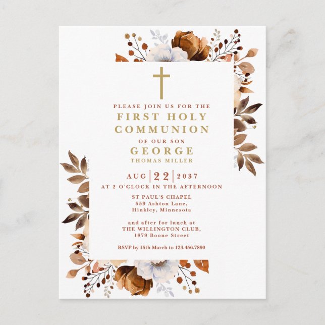 Rustic Fall Floral First Holy Communion Invitation (Devant)
