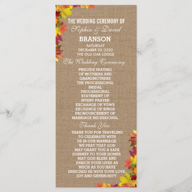 Rustic Fall quitte Burlap Wedding Programme Person (Devant)