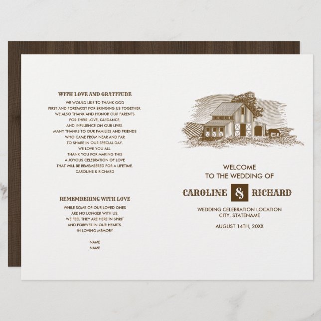 Rustic Farm Grange Wood Mariage Programme plié (Devant / Derrière)