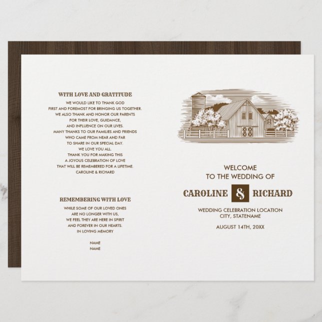 Rustic Farm Grange Wood Mariage Programme plié (Devant / Derrière)
