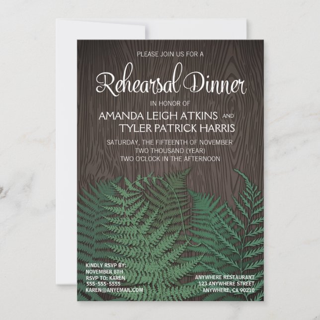 Rustic Fern Mariage Répétition Dîner Invitations (Devant)