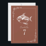 Rustic Fish Terracotta Mariage Numéro de table<br><div class="desc">Illustration du poisson rustique au sommet de la frontière botanique d'art de ligne. L'Arrière - plan est de couleur terre cuite.</div>