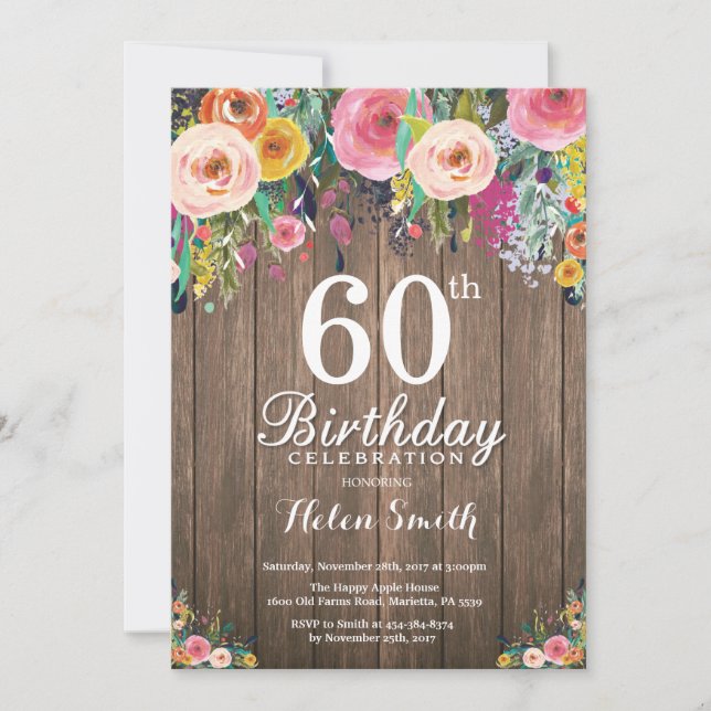 Rustic Floral 60e anniversaire Invitation pour fem (Devant)