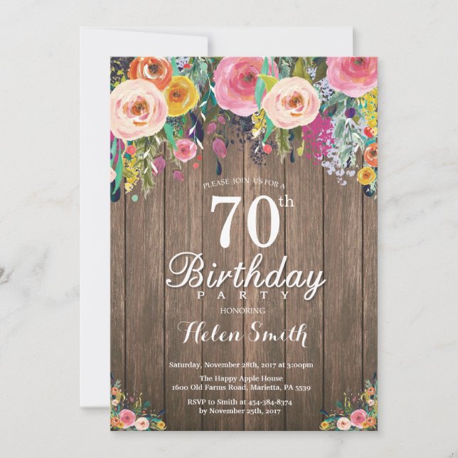 Rustic Floral 70e anniversaire Invitation pour fem (Devant)
